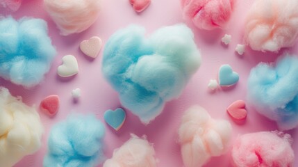 Colorful heart-shaped cotton candy on a pastel background, pure confectionery joy, Ai Generated. - obrazy, fototapety, plakaty