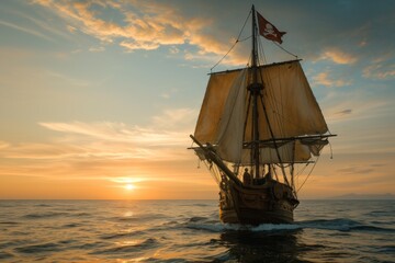 A majestic pirate ship sails towards the horizon, its sails aglow with the golden hues of the setting sun. - obrazy, fototapety, plakaty