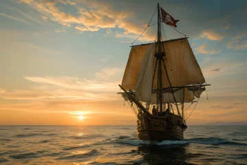  A majestic pirate ship sails towards the horizon, its sails aglow with the golden hues of the setting sun. © tonstock