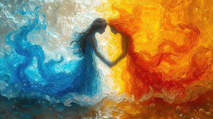 A passionate couple in love, entwined, with elements of fire and water, Ai Generated.