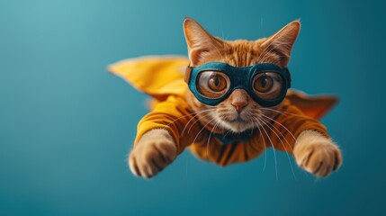 Adorable Cat Wearing Superhero Cape and in flying pose
