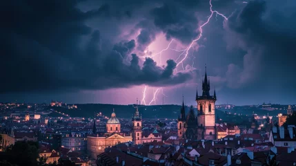 Tuinposter Thunderstorm over Prague city in Czech Republic in Europe. © Joyce