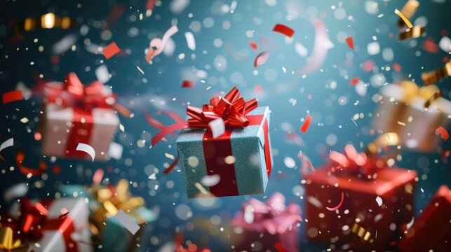  Merry New Year and Merry Christmas amid colorful gift boxes, confetti dancing, Ai Generated.