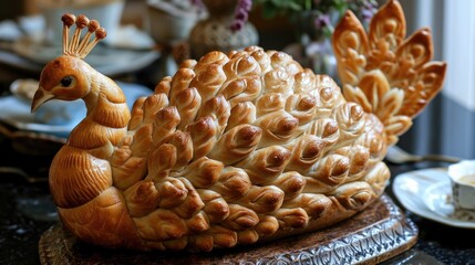 Obraz premium Unique bread loaf resembling an peacock resting on a wooden table, Ai Generated