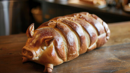 Unique bread loaf resembling an pig resting on a wooden table, Ai Generated