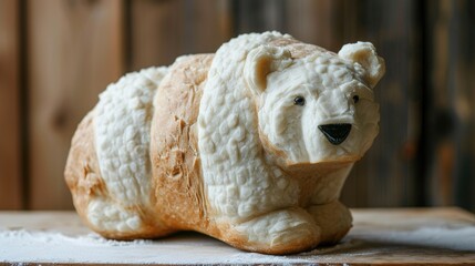 Obraz premium Unique bread loaf resembling an polarbear resting on a wooden table, Ai Generated