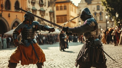 Medieval soldier in battle training drill in armor in Prague city in Czech Republic in Europe.