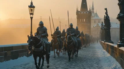 Foto op Canvas A team of medieval cavalry in armor on horseback marching in Prague city in Czech Republic in Europe. © Joyce