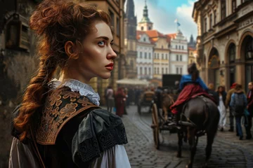 Tuinposter Lifestyle portrait of a beautiful Medieval lady in Prague city in Czech Republic in Europe. © Joyce