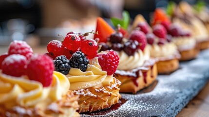 Array of pastries adorned with diverse toppings, crowned with luscious berries, Ai Generated.