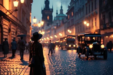 Zelfklevend Fotobehang Historical street view of Prague City in 1930's. Czech Republic in Europe. © Joyce