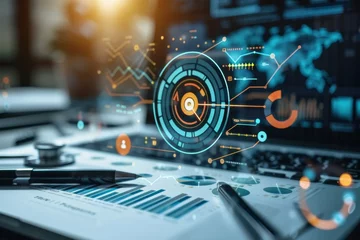 Fotobehang A futuristic depiction of analytics and data management with holographic charts hovering over a workstation, symbolizing advanced business intelligence. © tonstock