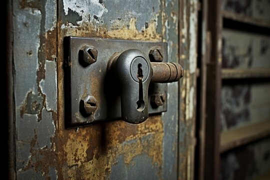 A Detailed Macro Shot of a Heavy-Duty Industrial Deadbolt, Securing an Old Warehouse Door in a Rustic Urban Setting