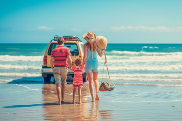 A family basks in the joy of a sunny beach day, their footsteps in the sand merging with the rhythm of the waves, as their adventure begins by the sea. - obrazy, fototapety, plakaty