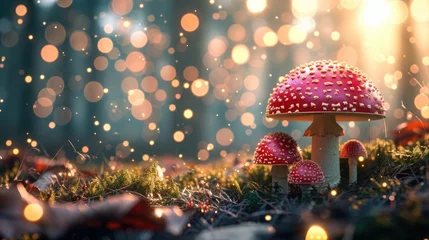 Foto op Canvas 3D render of fly agaric mushroom in a forest, surrounded by enchanting bokeh lights, Ai Generated. © Crazy Juke