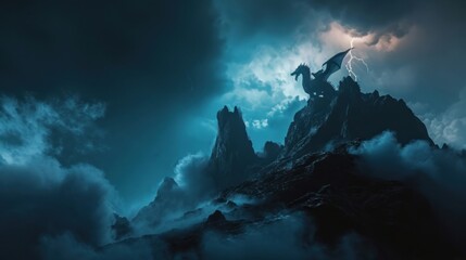 A dragon stand resting on top of a mountain with lightning bolt.