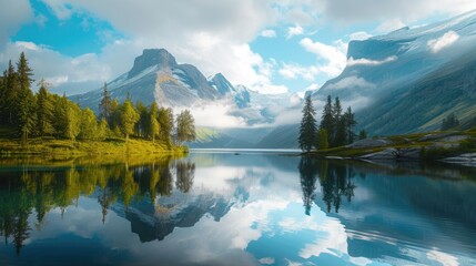 Obraz premium Tranquil mountain landscape with a serene lake reflecting its majesty, a peaceful haven, Ai Generated