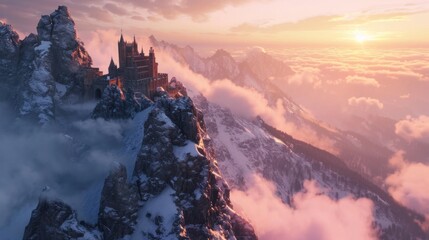 Misty mountain with a medieval castle on top. Fantasy and adventure concept.