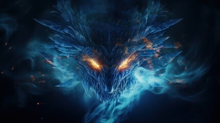 Close-up view of the head of a dragon made from fire and lights.