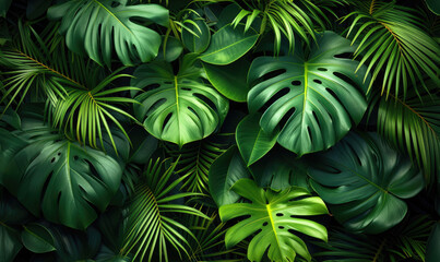 Fototapeta na wymiar Immerse Yourself in Nature's Tapestry: A Lush Panoramic Backdrop of Dark Green Tropical Leaves Including Monstera, Palm, Coconut, Fern, and Banana Leaf. 