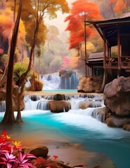 amazing of huay mae kamin waterfall in colorful autumn forest at Kanchanaburi, thailand Generative AI