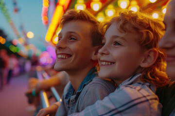 Joyful Brothers Experiencing the Magic of a Nighttime Fairground