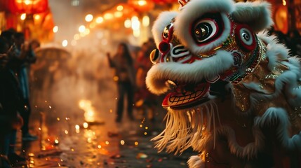 Lion dance in street with firecrackers as the traditional Chinese folk event activities during Chinese lunar new year celebration.
