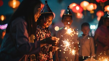 Happy family playing with fireworks crackers sparklers to celebrate Chinese lunar new year.
