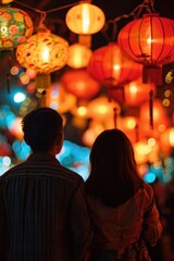 A young couple in lantern festival in street to celebrate Chinese lunar new year.