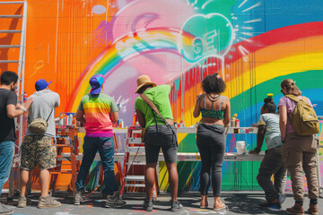 Community Painting Colorful Rainbow Mural on Sunny Day