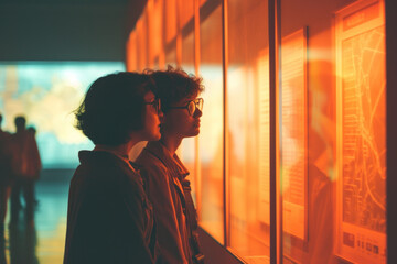 Curious Couple Exploring Exhibits in a Museum at Night - obrazy, fototapety, plakaty