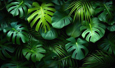 Fototapeta na wymiar Immerse Yourself in Nature's Tapestry: A Lush Panoramic Backdrop of Dark Green Tropical Leaves Including Monstera, Palm, Coconut, Fern, and Banana Leaf. 