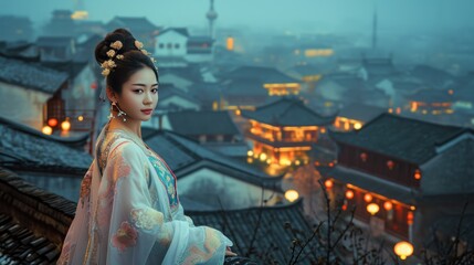 Obraz premium Beautiful lady dressed in traditional Hanfu clothing during Chinese lunar new year.