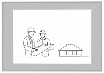 continuous line drawing home building engineer simple construction supervision vector illustration.industrial