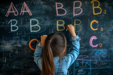 Little Girl Writes Colorful Letters on Chalkboard.