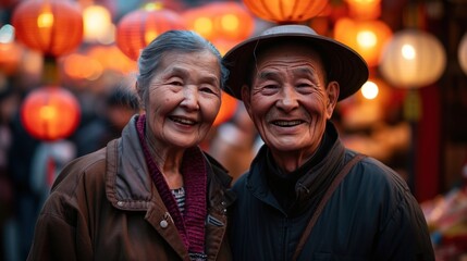 Portrait of a senior couple in lantern festival in street to celebrate Chinese lunar new year.