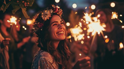 A female play with sparkler fireworks in holiday celebration event party.