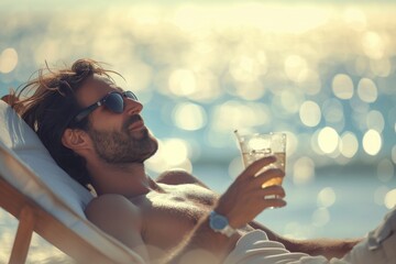 Man Lounging on Beach with Sunglasses and Refreshing Drink.