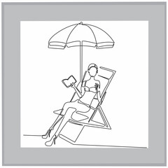 continuous line drawing of woman sitting under umbrella on deck chair isolated on white background vector illustration