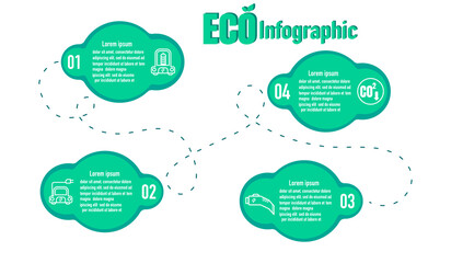 Infographic 4 topics template for eco car template for energy consumption sustainable. Vector bubbles and icon elements. ecology modern Report plan
