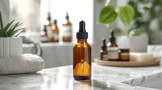 sleek amber glass dropper bottle prominently stands on a marble bathroom counter, amidst a serene setting of green houseplants and assorted wellness products