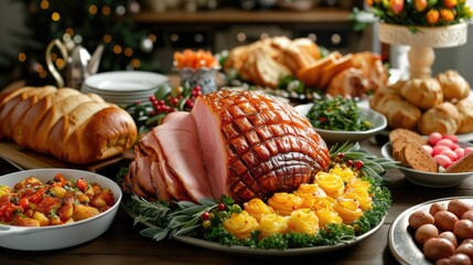 sumptuous holiday dinner table set with glazed ham, side dishes, and baked goods, adorned with festive decorations for a seasonal feast - obrazy, fototapety, plakaty