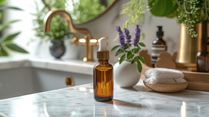 Obraz na płótnie Canvas sleek amber glass dropper bottle prominently stands on a marble bathroom counter, amidst a serene setting of green houseplants and assorted wellness products