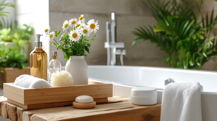 bright bathroom spa setup featuring a wooden caddy with soothing bath essentials and fresh daisies, creating a peaceful and rejuvenating atmosphere - obrazy, fototapety, plakaty
