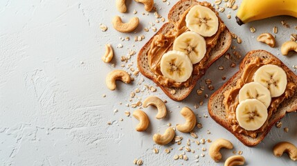 whole wheat toast spread with creamy peanut butter and topped with banana slices, sprinkled with oats and cashew nuts on a textured white background - obrazy, fototapety, plakaty