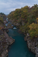 日本　岩手県一関市を流れる磐井川の渓谷、厳美渓と紅葉した木々