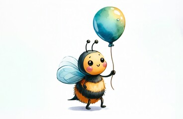 Cute cartoon illustration. Happy yellow bee with balloon watercolor painting isolated