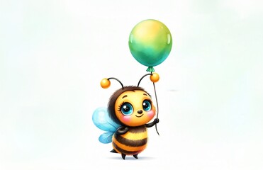 Fototapeta premium Cute cartoon illustration. Happy yellow bee with balloon watercolor painting isolated