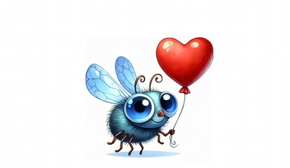 Obraz premium Valentine day cute illustration. Happy blue fly with heart watercolor painting isolated