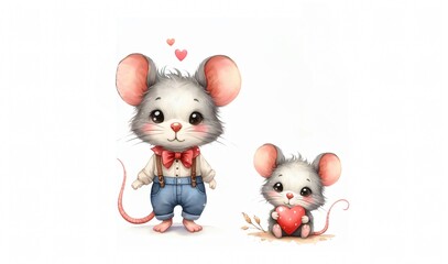 Valentine day cute illustration. Happy mouse dad and son with heart watercolor painting isolated 